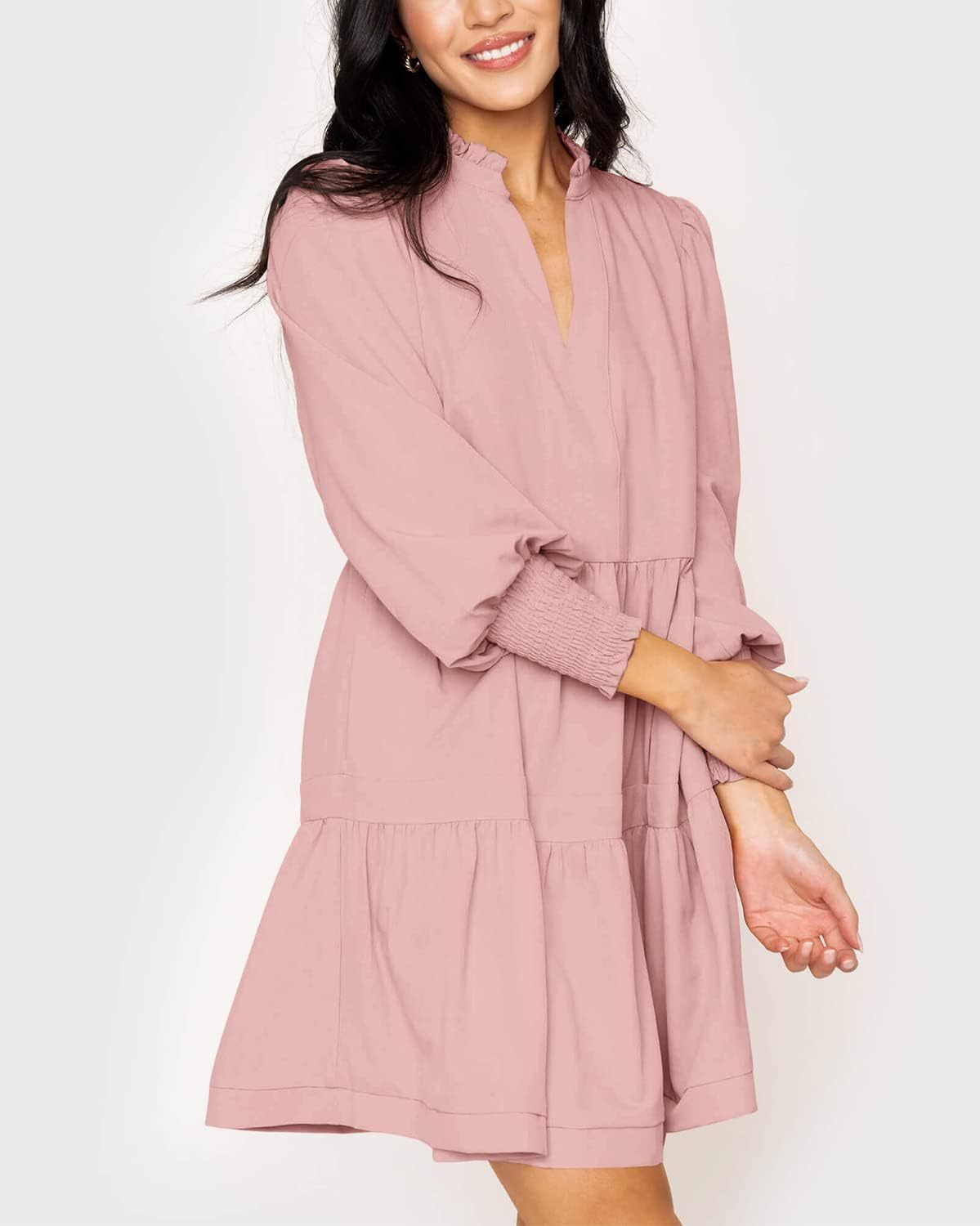 Women's  Casual V Neck Fall Long Sleeve Loose Ruffle Tiered Dress