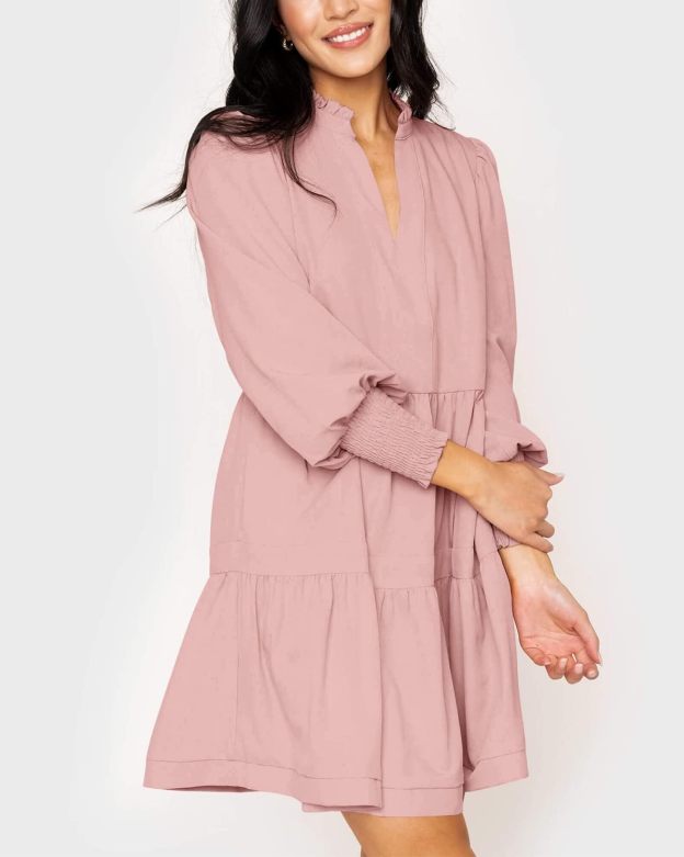 Women's  Casual V Neck Fall Long Sleeve Loose Ruffle Tiered Dress