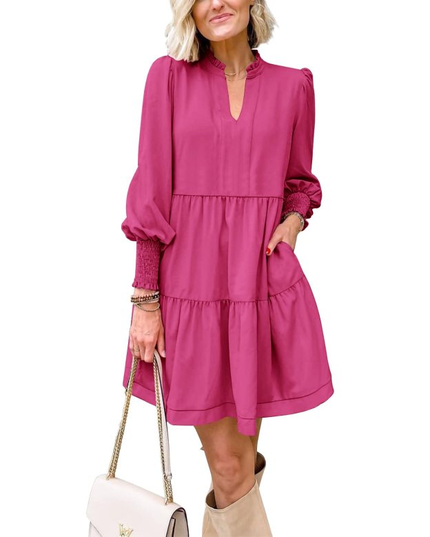 Women's  Casual V Neck Fall Long Sleeve Loose Ruffle Tiered Dress