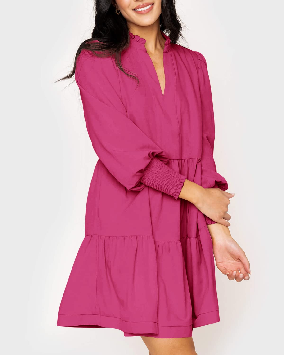 Women's  Casual V Neck Fall Long Sleeve Loose Ruffle Tiered Dress