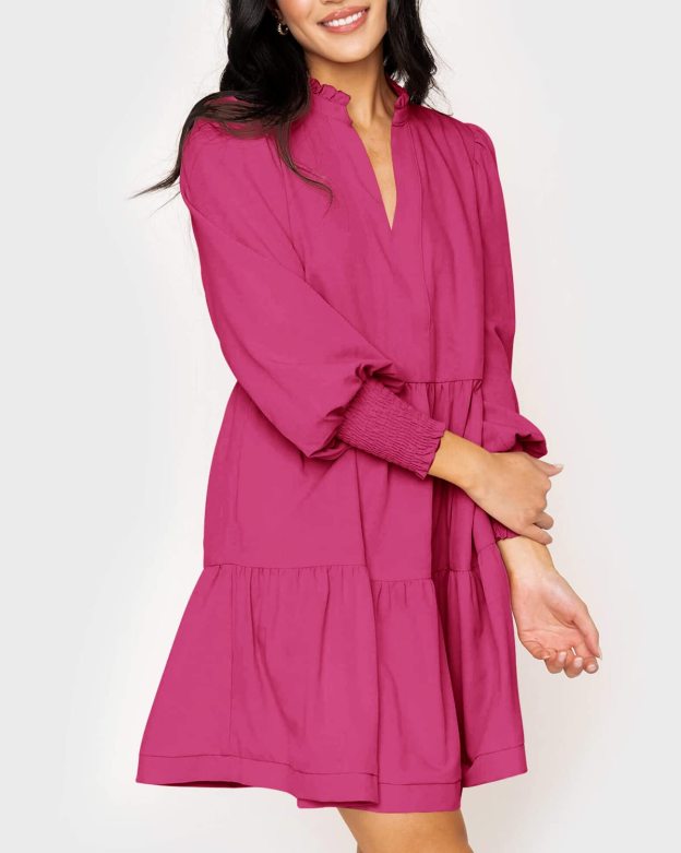 Women's  Casual V Neck Fall Long Sleeve Loose Ruffle Tiered Dress