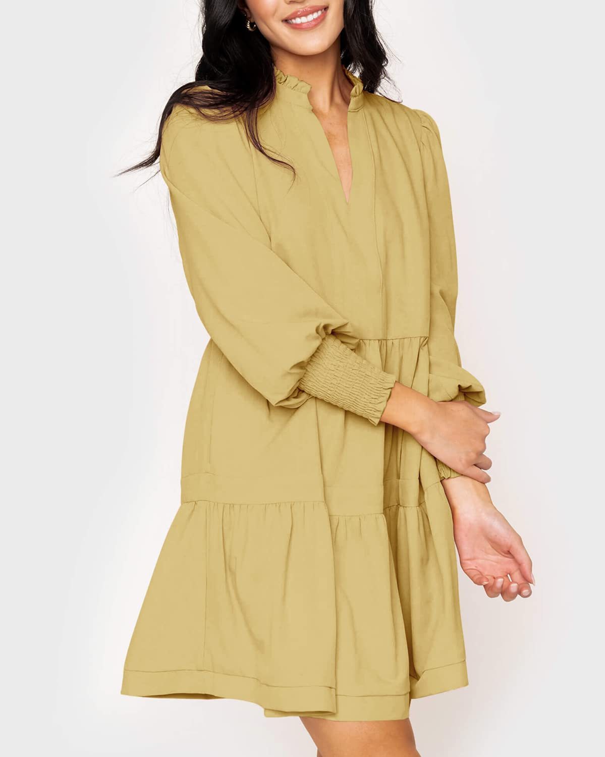 Women's  Casual V Neck Fall Long Sleeve Loose Ruffle Tiered Dress