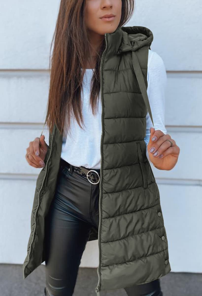 Women Long Solid Color Sleeveless Hood Winter Puffer Vest Outwear