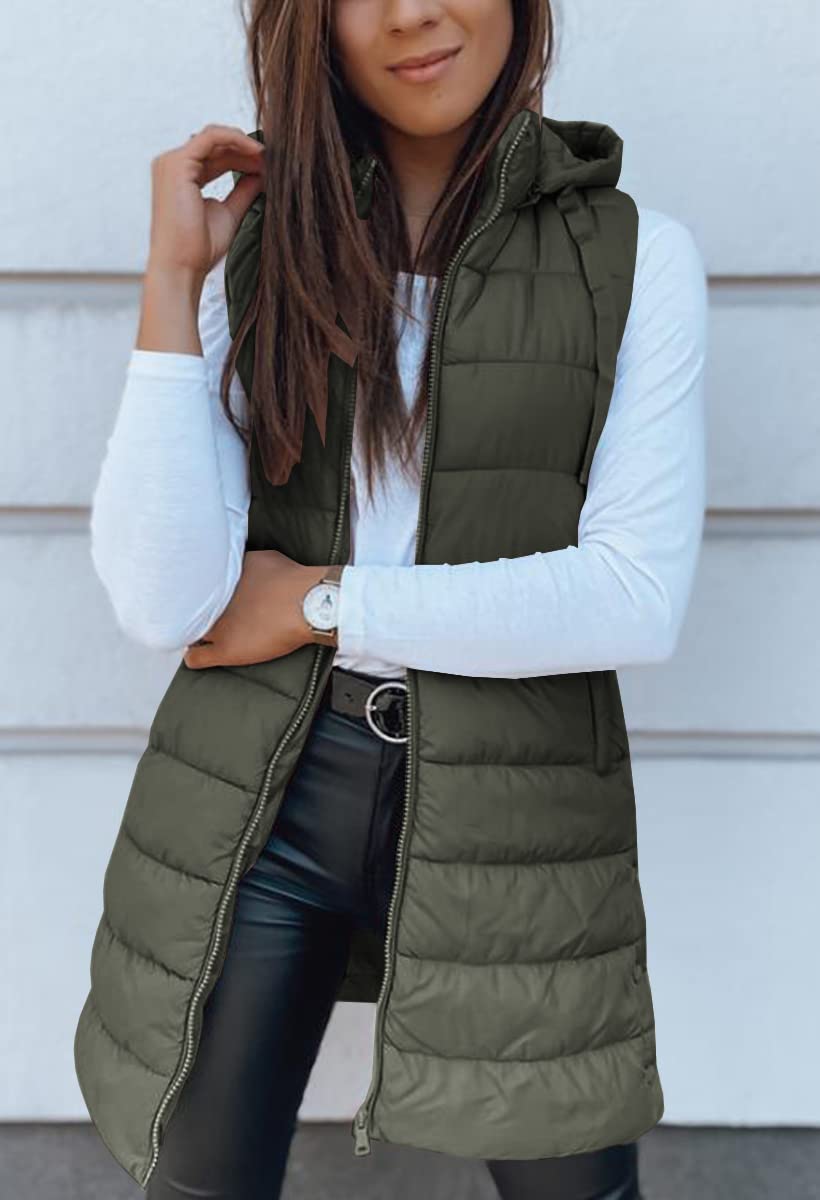 Women Long Solid Color Sleeveless Hood Winter Puffer Vest Outwear