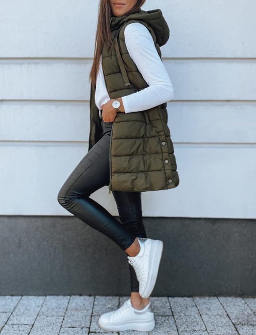 Women Long Solid Color Sleeveless Hood Winter Puffer Vest Outwear