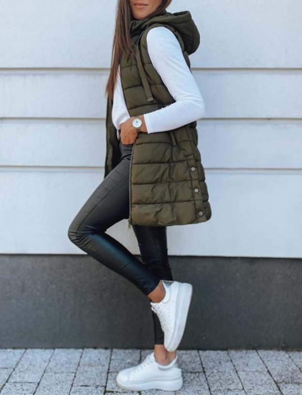 Women Long Solid Color Sleeveless Hood Winter Puffer Vest Outwear