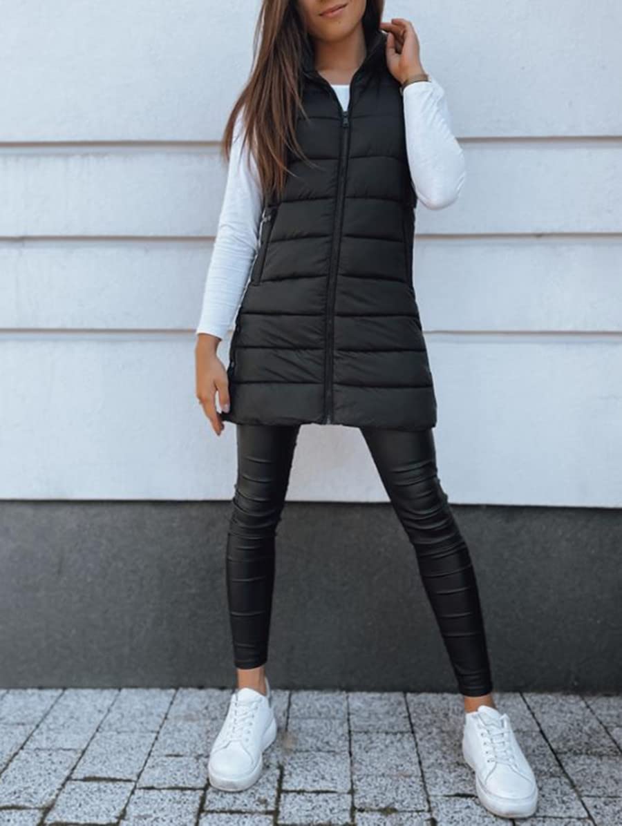 Women Long Solid Color Sleeveless Hood Winter Puffer Vest Outwear