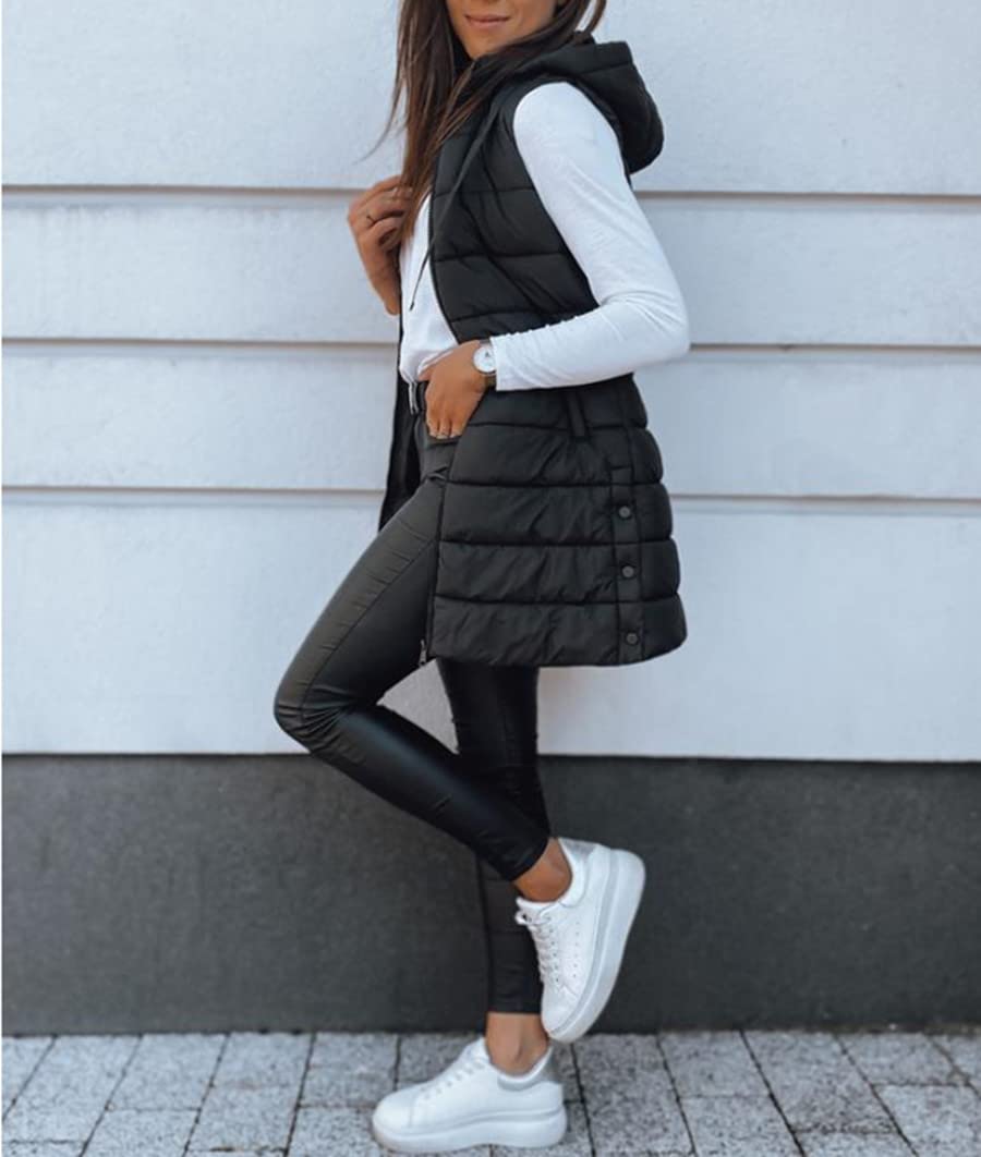 Women Long Solid Color Sleeveless Hood Winter Puffer Vest Outwear