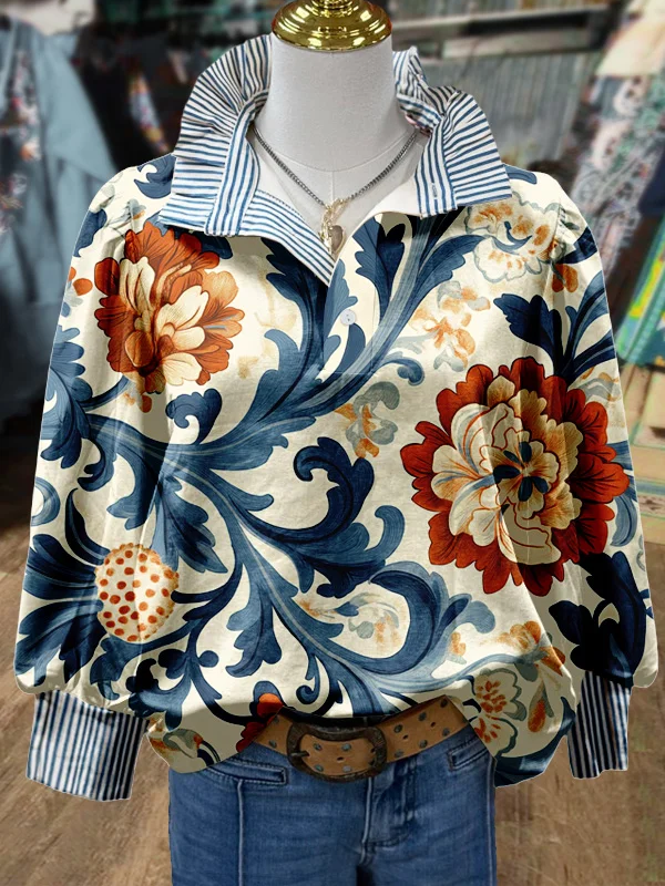 Vintage Floral Print Striped Collar Top(Buy 2 Free Shipping)
