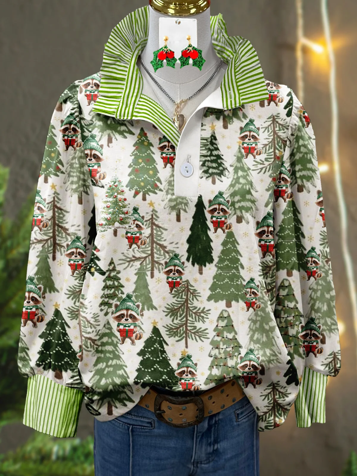 Vintage Floral Print Striped Collar Top(Buy 2 Free Shipping)