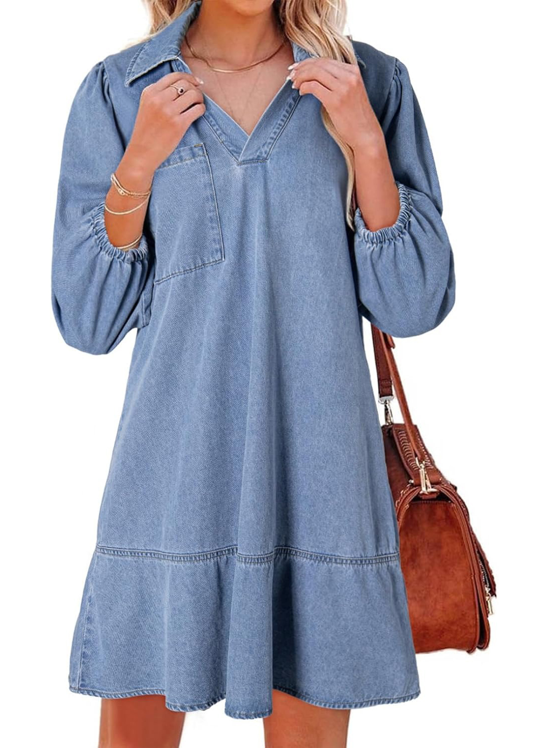 Women's V-neck Puff Sleeve Denim Layered Dress(BUY 2 FREE SHIPPING)