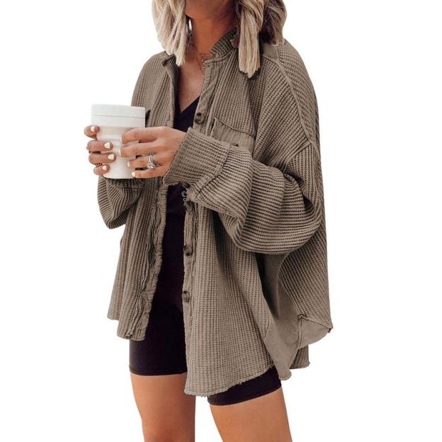 Women's Loose Fit Batwing Sleeve Waffle Knit Button Down Shirt