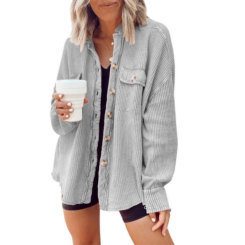 Women's Loose Fit Batwing Sleeve Waffle Knit Button Down Shirt