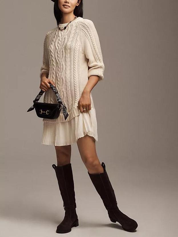 Women Crewneck Cable Knit Sweater Mini Dress (Buy 2 Free Shipping)