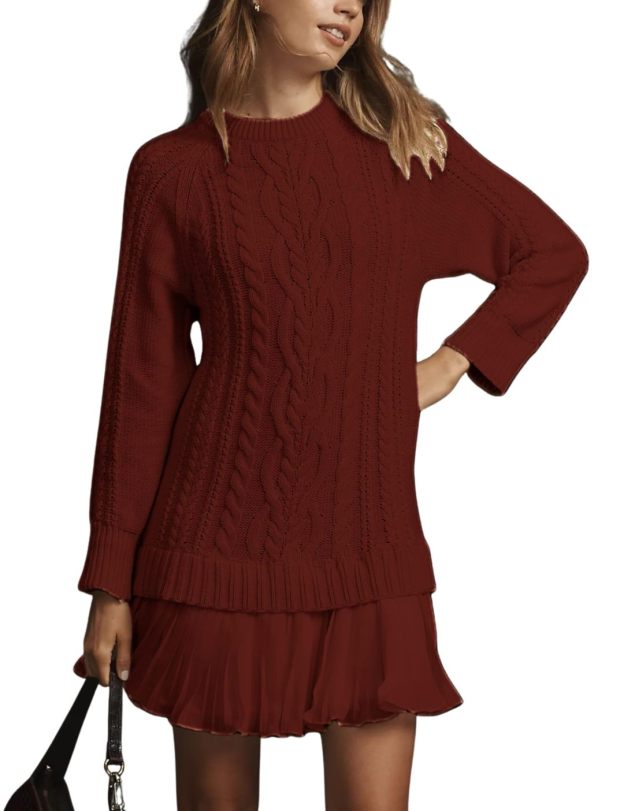 Women Crewneck Cable Knit Sweater Mini Dress (Buy 2 Free Shipping)