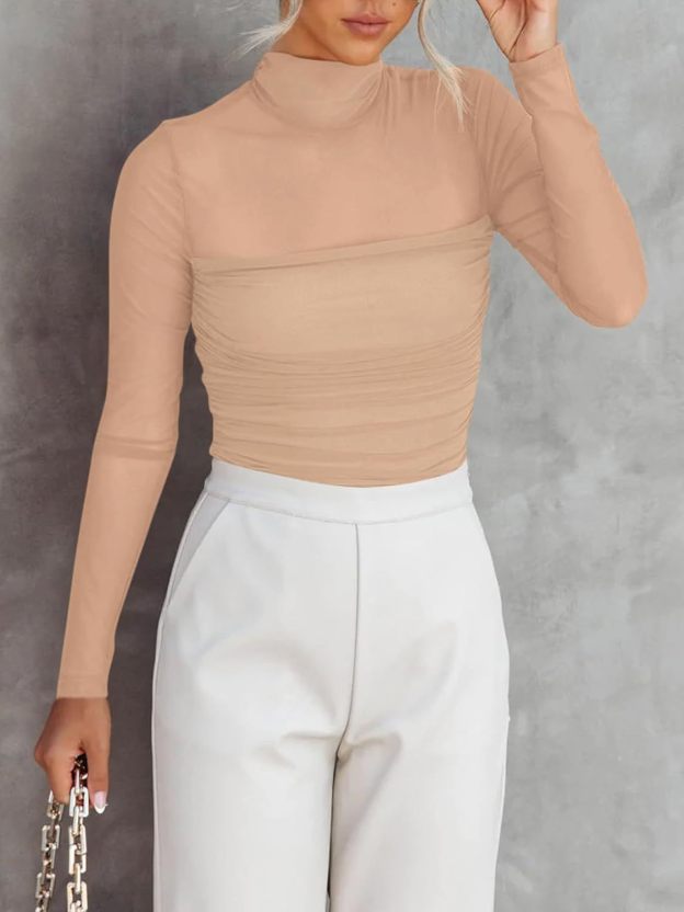 Women’s Trendy Sexy Mock Turtle Neck Long Sleeve Sheer Mesh Ruched Going Out Bodysuits Tops