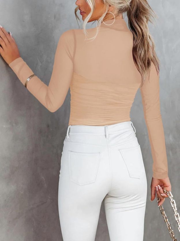 Women’s Trendy Sexy Mock Turtle Neck Long Sleeve Sheer Mesh Ruched Going Out Bodysuits Tops