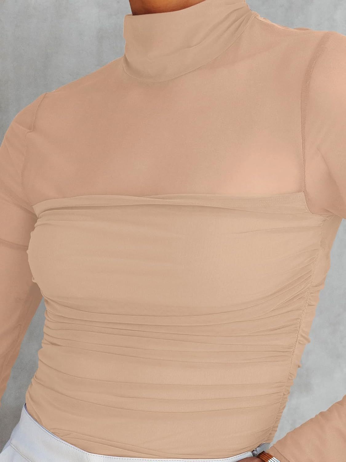 Women’s Trendy Sexy Mock Turtle Neck Long Sleeve Sheer Mesh Ruched Going Out Bodysuits Tops