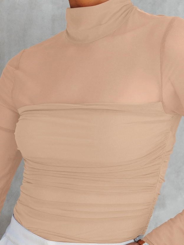 Women’s Trendy Sexy Mock Turtle Neck Long Sleeve Sheer Mesh Ruched Going Out Bodysuits Tops
