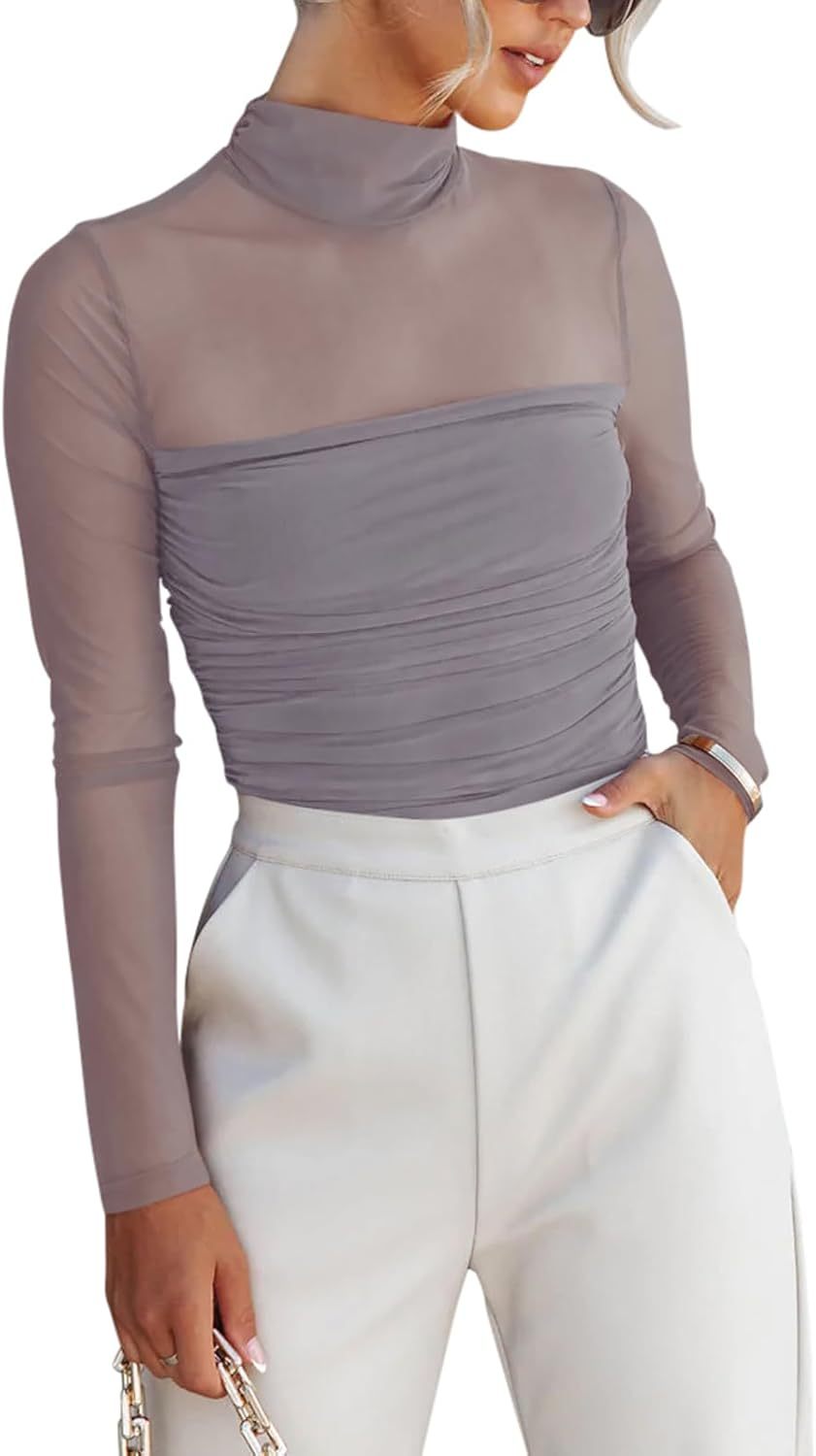 Women’s Trendy Sexy Mock Turtle Neck Long Sleeve Sheer Mesh Ruched Going Out Bodysuits Tops