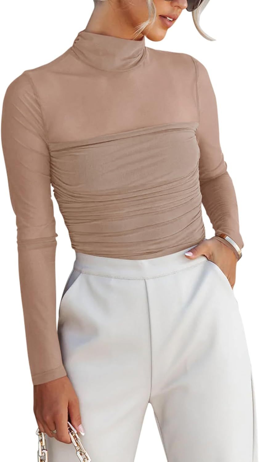 Women’s Trendy Sexy Mock Turtle Neck Long Sleeve Sheer Mesh Ruched Going Out Bodysuits Tops