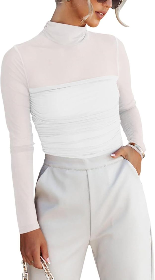 Women’s Trendy Sexy Mock Turtle Neck Long Sleeve Sheer Mesh Ruched Going Out Bodysuits Tops