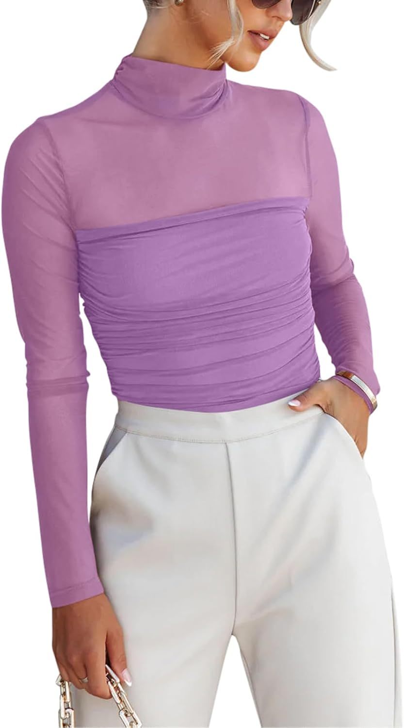 Women’s Trendy Sexy Mock Turtle Neck Long Sleeve Sheer Mesh Ruched Going Out Bodysuits Tops