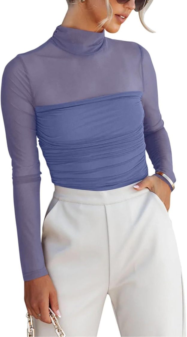 Women’s Trendy Sexy Mock Turtle Neck Long Sleeve Sheer Mesh Ruched Going Out Bodysuits Tops