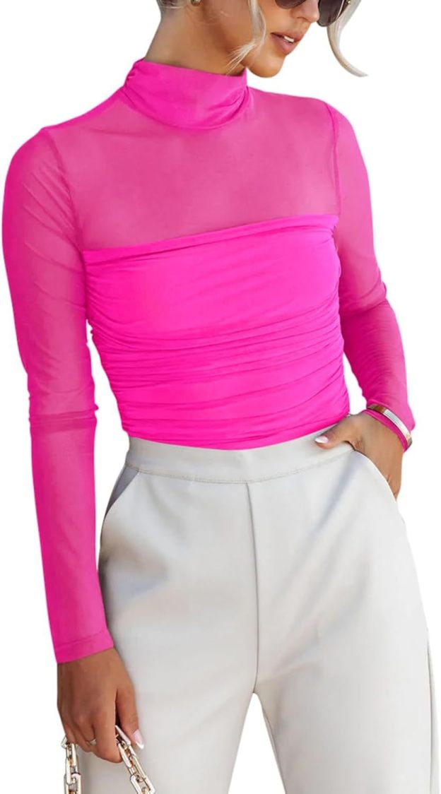 Women’s Trendy Sexy Mock Turtle Neck Long Sleeve Sheer Mesh Ruched Going Out Bodysuits Tops