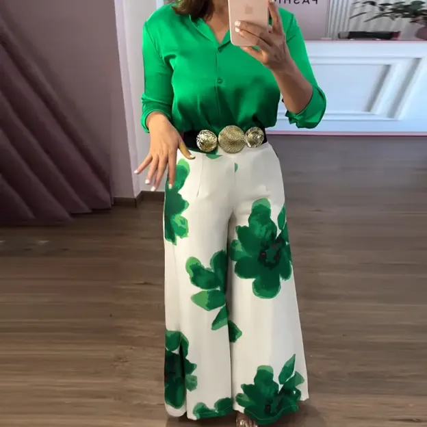 CHICME 2 Pieces Outfit Long Sleeve Satin Blouse and Casual Floral Print High Waist Wide Leg Pants Set（Without Belt）BUY 2 FREE SHIPPING
