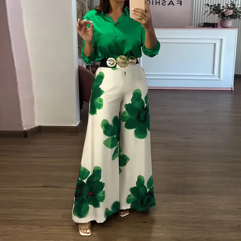 CHICME 2 Pieces Outfit Long Sleeve Satin Blouse and Casual Floral Print High Waist Wide Leg Pants Set（Without Belt）BUY 2 FREE SHIPPING