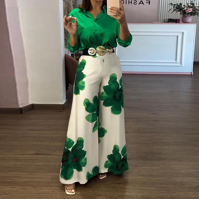 CHICME 2 Pieces Outfit Long Sleeve Satin Blouse and Casual Floral Print High Waist Wide Leg Pants Set（Without Belt）BUY 2 FREE SHIPPING