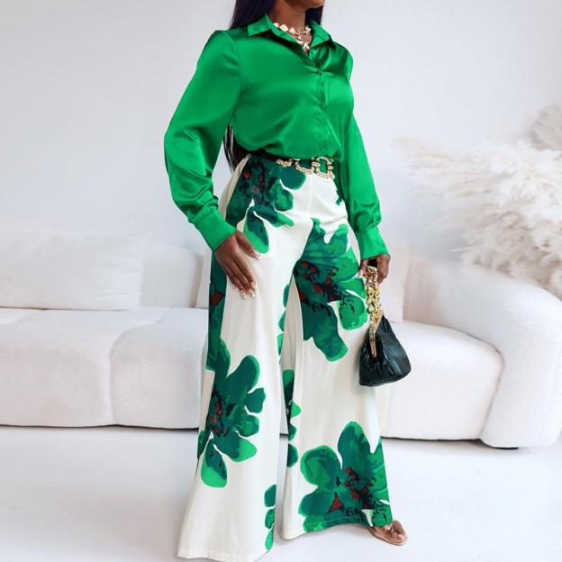 CHICME 2 Pieces Outfit Long Sleeve Satin Blouse and Casual Floral Print High Waist Wide Leg Pants Set（Without Belt）BUY 2 FREE SHIPPING