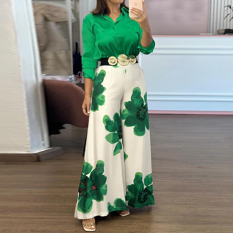 CHICME 2 Pieces Outfit Long Sleeve Satin Blouse and Casual Floral Print High Waist Wide Leg Pants Set（Without Belt）BUY 2 FREE SHIPPING