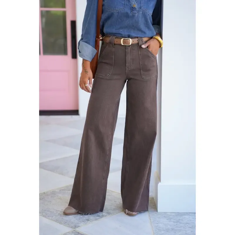 High Rise Brown Retro Wide Leg Jeans with Front Patch Pockets（BUY 2 FREE SHIPPING)