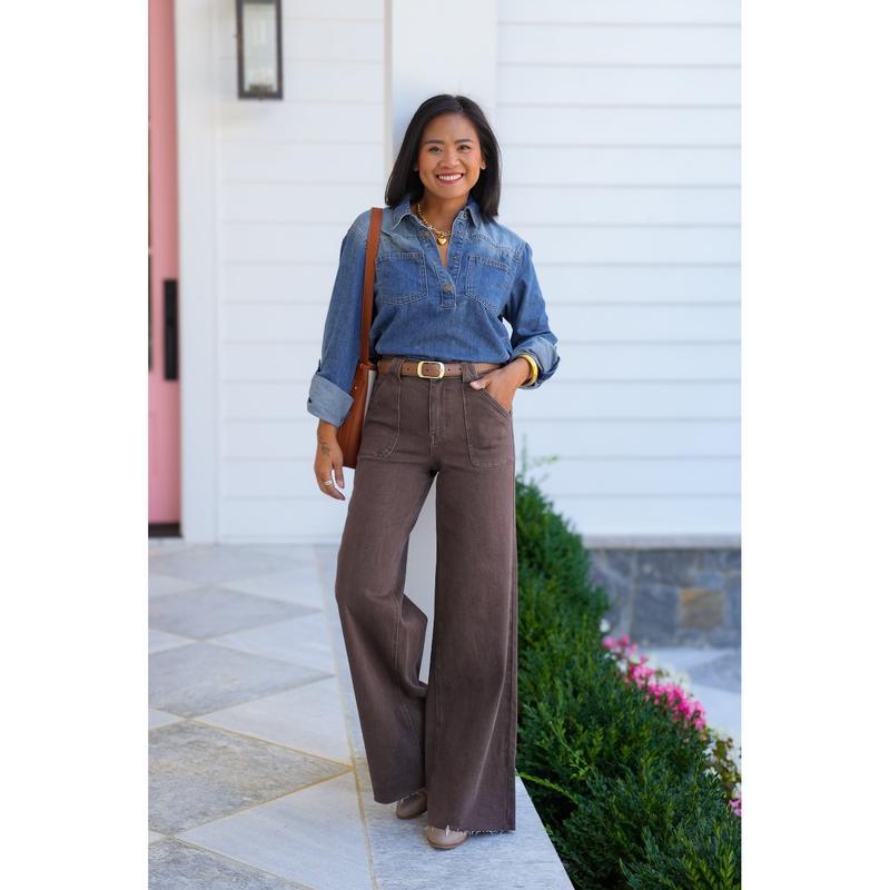 High Rise Brown Retro Wide Leg Jeans with Front Patch Pockets（BUY 2 FREE SHIPPING)