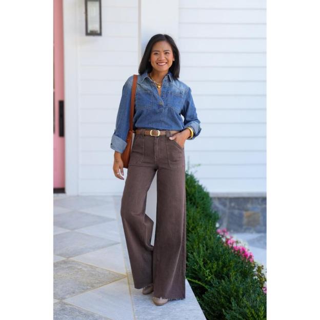 High Rise Brown Retro Wide Leg Jeans with Front Patch Pockets（BUY 2 FREE SHIPPING)