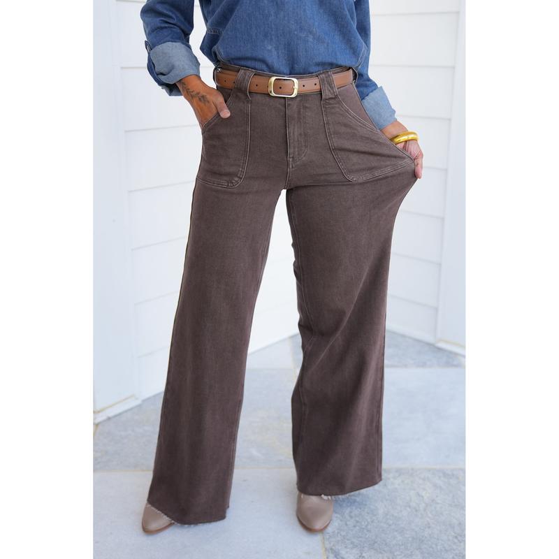 High Rise Brown Retro Wide Leg Jeans with Front Patch Pockets（BUY 2 FREE SHIPPING)