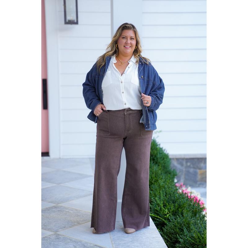 High Rise Brown Retro Wide Leg Jeans with Front Patch Pockets（BUY 2 FREE SHIPPING)