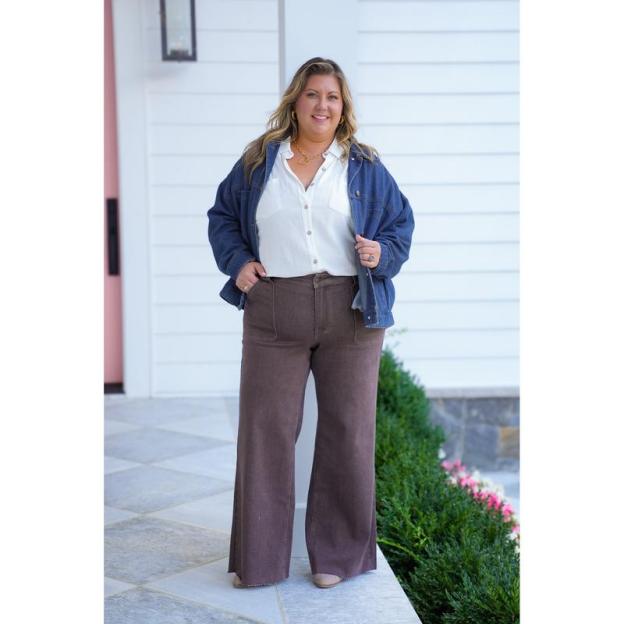 High Rise Brown Retro Wide Leg Jeans with Front Patch Pockets（BUY 2 FREE SHIPPING)