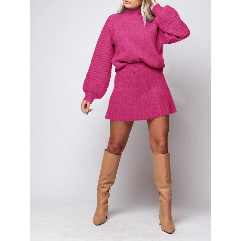 Women's Long Sleeve Mock Neck Ribbed Sweaters And Mini Skirt Two Piece Sets