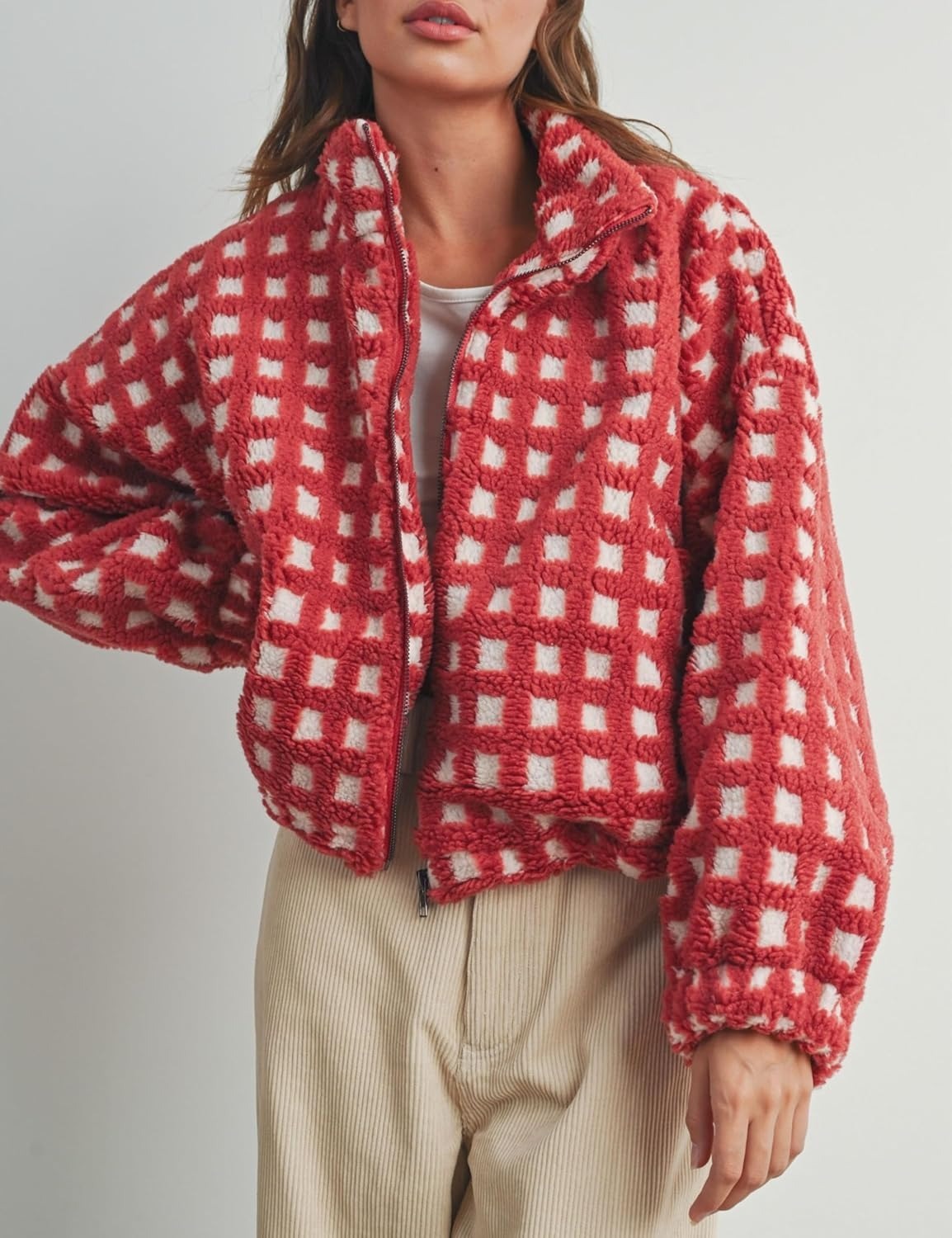 Women’s Cropped Sherpa Fleece Plaid Jacket Chunky Teddy Fleece Outerwear(buy 2 free shipping）