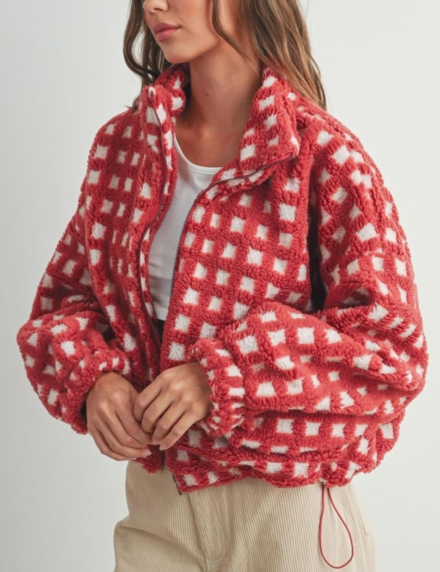 Women’s Cropped Sherpa Fleece Plaid Jacket Chunky Teddy Fleece Outerwear(buy 2 free shipping）