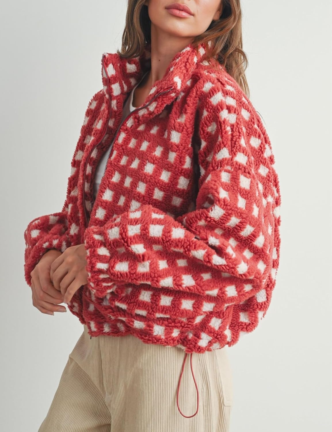 Women’s Cropped Sherpa Fleece Plaid Jacket Chunky Teddy Fleece Outerwear(buy 2 free shipping）