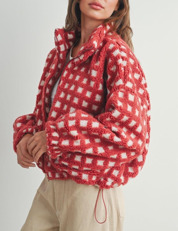 Women’s Cropped Sherpa Fleece Plaid Jacket Chunky Teddy Fleece Outerwear(buy 2 free shipping）