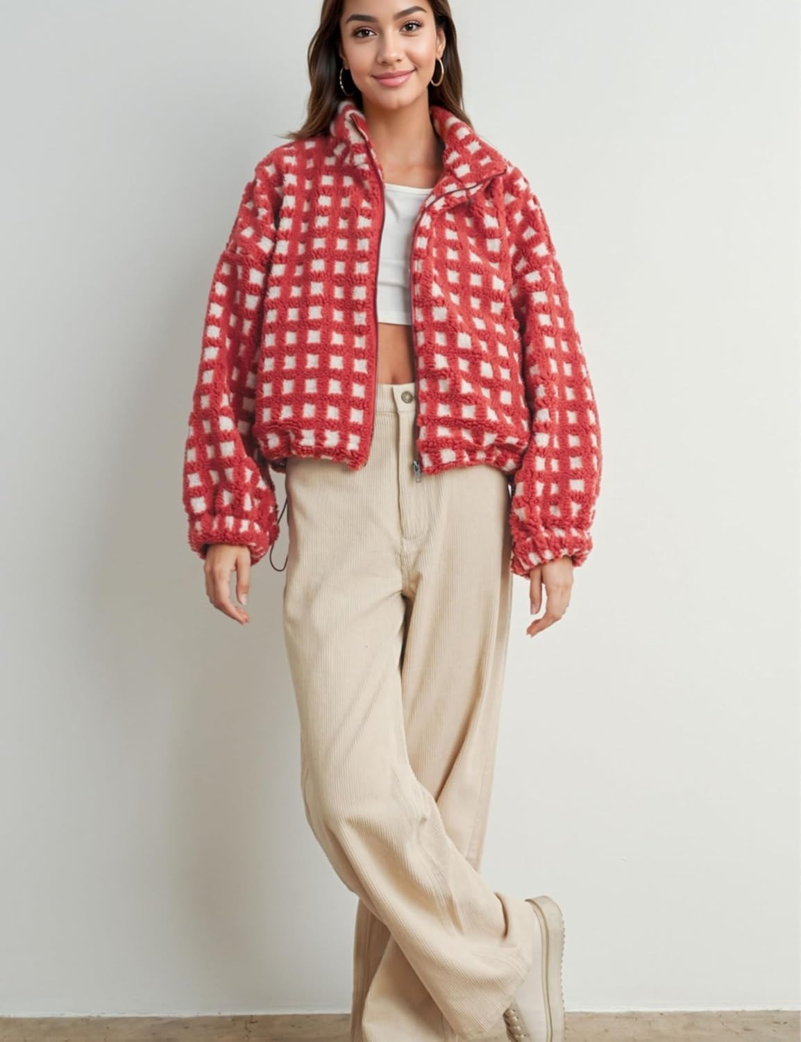 Women’s Cropped Sherpa Fleece Plaid Jacket Chunky Teddy Fleece Outerwear(buy 2 free shipping）