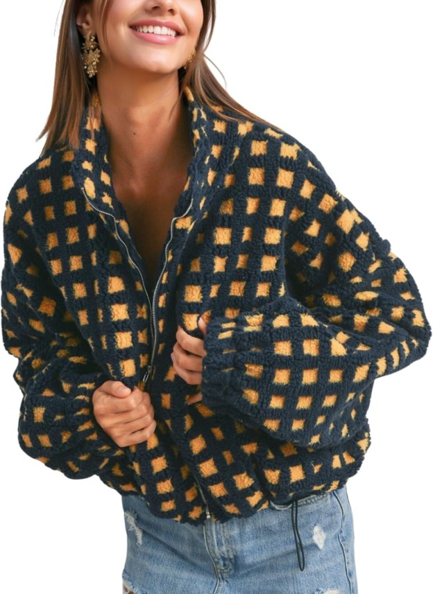 Women’s Cropped Sherpa Fleece Plaid Jacket Chunky Teddy Fleece Outerwear(buy 2 free shipping）