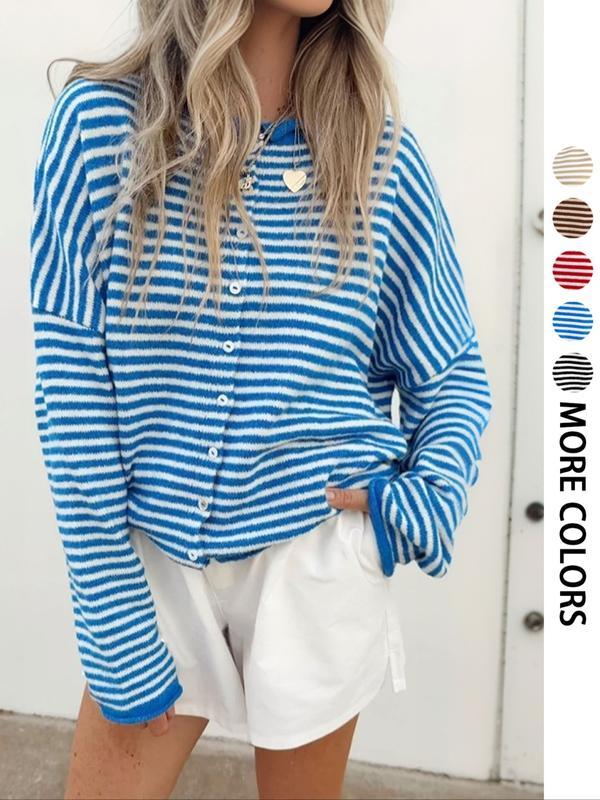 Women's Striped Casual Long Sleeve Loose Knit Sweater, Lightweight Fall & Winter Fashion, Button Front Open Front Design(BUY 2 FREE SHIPPING)