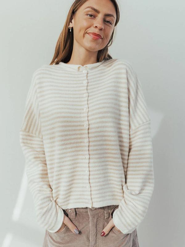Women's Striped Casual Long Sleeve Loose Knit Sweater, Lightweight Fall & Winter Fashion, Button Front Open Front Design(BUY 2 FREE SHIPPING)