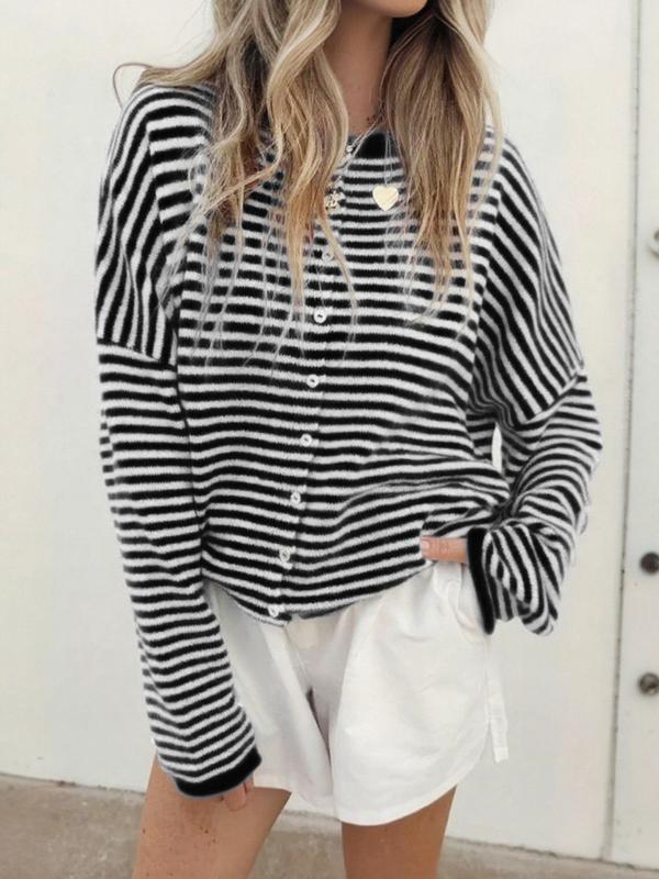 Women's Striped Casual Long Sleeve Loose Knit Sweater, Lightweight Fall & Winter Fashion, Button Front Open Front Design(BUY 2 FREE SHIPPING)